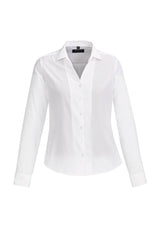 Solanda Ladies White Long Sleeve Shirt, semi-fitted with back pleats, ideal for versatile casual and office wear.