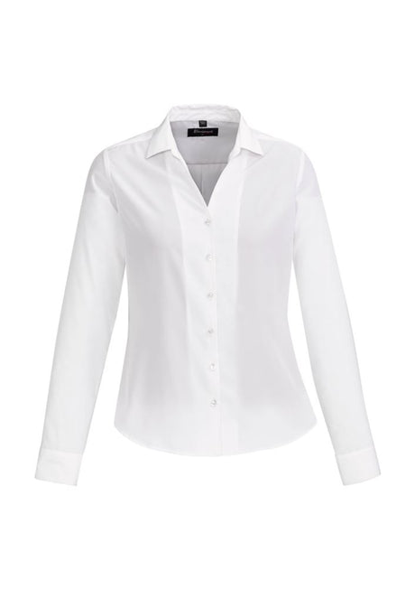 Solanda Ladies Long Sleeve Shirt in White, made from soft polyester, features a chic back yoke and expandable pleat for comfort.