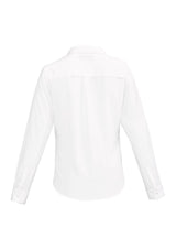 Solanda Ladies Long Sleeve Shirt in White, semi-fitted, soft polyester, ideal for office or casual wear, enhancing comfort and style.