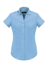 Elegant Alaskan Blue short sleeve shirt in soft-touch polyester, designed for comfort and versatile styling.