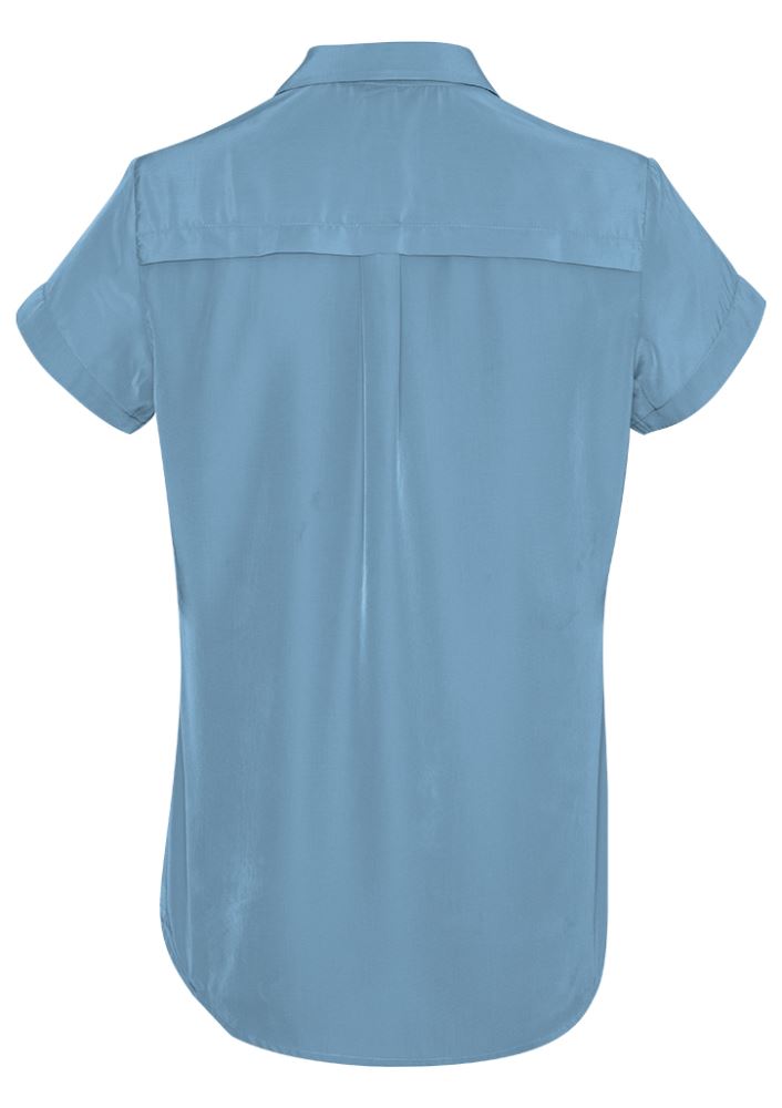 Solanda Alaskan Blue short sleeve shirt for women, featuring soft polyester fabric and expandable pleats for comfort and style.