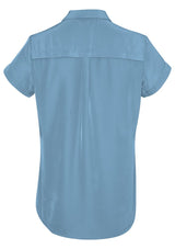 Solanda Alaskan Blue short sleeve shirt for women, featuring soft polyester fabric and expandable pleats for comfort and style.