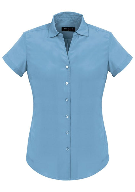 Solanda Alaskan Blue short sleeve shirt, semi-fitted, soft-touch polyester with pleat details for style and comfort.