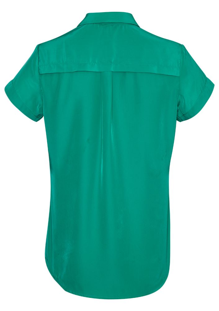 Solanda Ladies Short Sleeve Shirt in Dynasty Green, made from soft polyester, features a semi-fitted design and chic open neck.