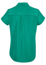 Solanda Ladies Short Sleeve Shirt in Dynasty Green, made from soft polyester, features a semi-fitted design and chic open neck.