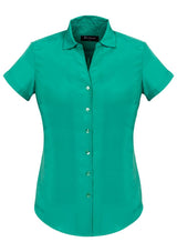 Solanda Dynasty Green short sleeve shirt for women, featuring soft-touch polyester, open neck design, and stylish pleats.