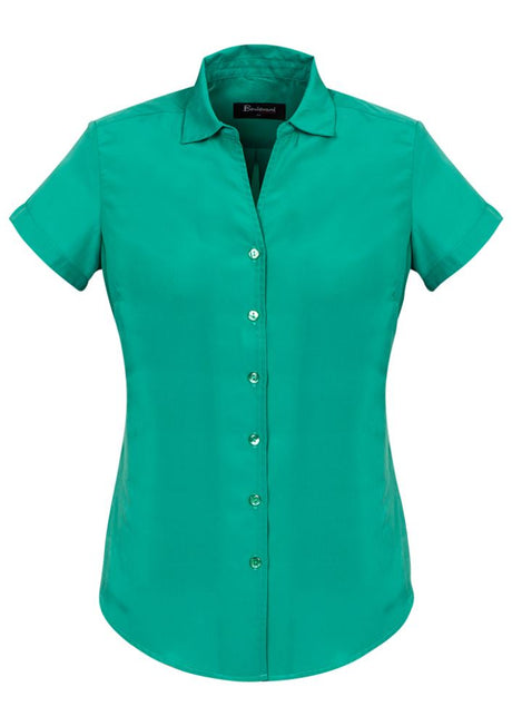 Solanda Dynasty Green short sleeve shirt for women, featuring soft-touch polyester, open neck design, and stylish pleats.