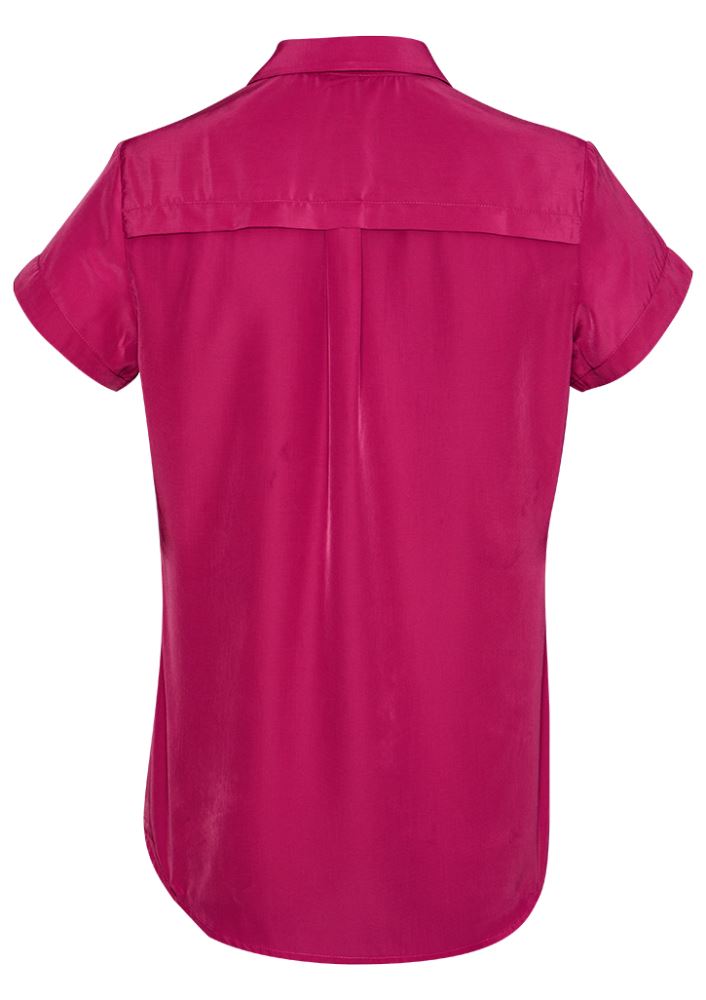 Vibrant Melon short sleeve shirt for ladies, featuring a semi-fitted design and soft-touch polyester for comfort.