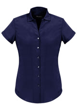 Patriot Blue short sleeve shirt for women, featuring a modern open neck design and soft touch polyester for comfort.