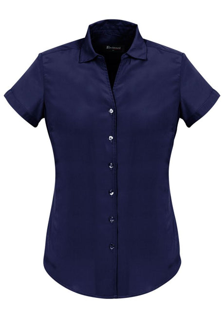 Patriot Blue short sleeve shirt for women, featuring a modern open neck design and soft touch polyester for comfort.