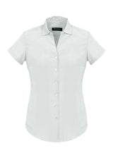 White short sleeve shirt for women, featuring soft touch polyester, semi-fitted design, and pleats for comfort from Biz Collection.