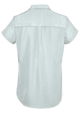 Elegant white short sleeve shirt with a semi-fitted design, soft touch polyester, and pleat details for enhanced mobility.