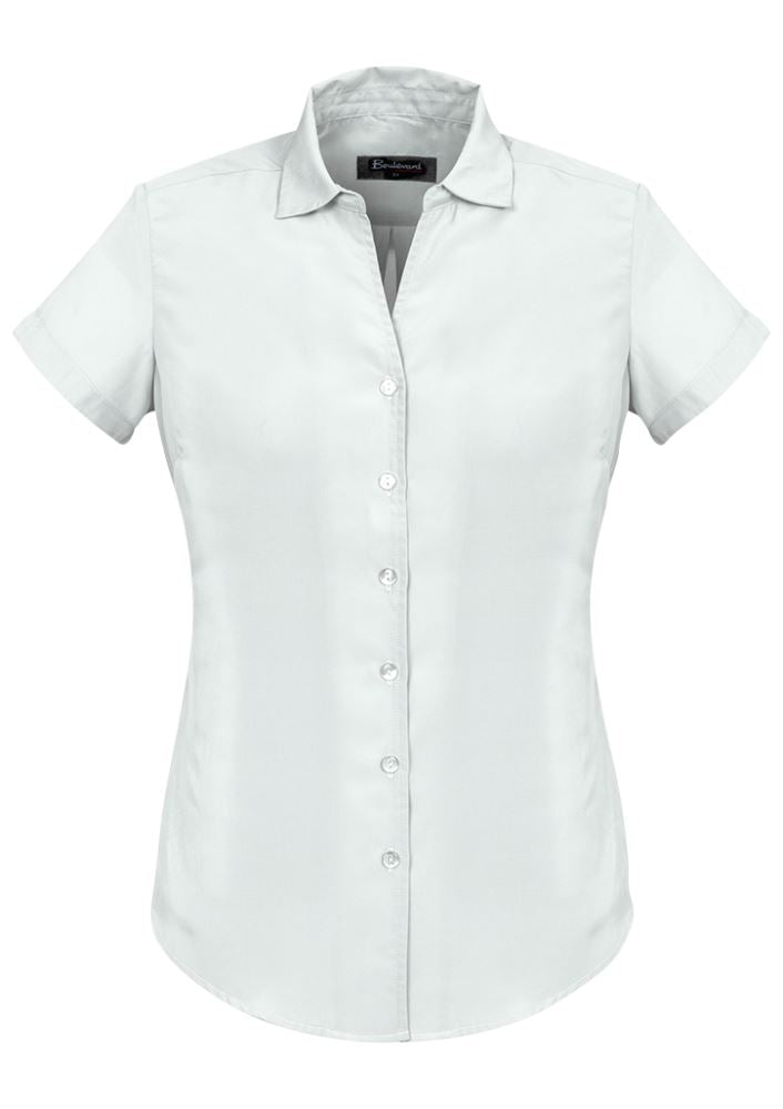 Elegant white short sleeve shirt for ladies, featuring soft-touch polyester, semi-fitted design, and stylish open neck.