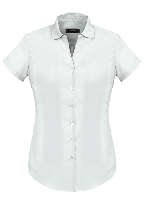 Elegant white short sleeve shirt for ladies, featuring soft-touch polyester, semi-fitted design, and stylish open neck.