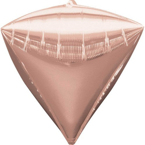 Rose gold diamond-shaped foil balloon, 38cm x 43cm, self-sealing, perfect for elegant celebrations and stunning decor.