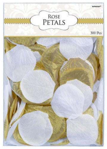 Elegant gold and white fabric rose flower petals confetti, 300 pieces, ideal for weddings and special events decoration.