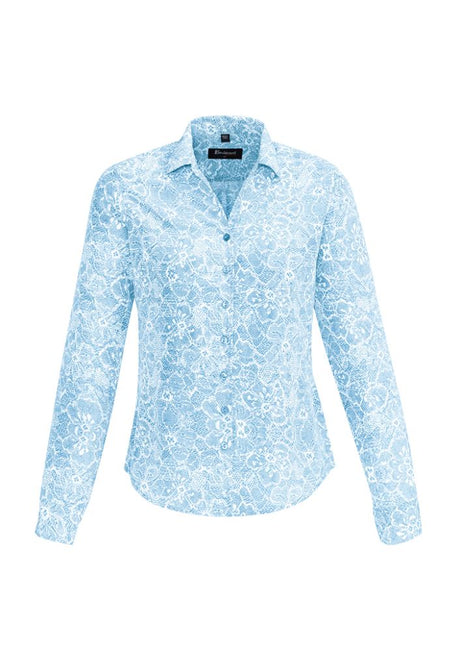 Solanda Ladies Long Sleeve Shirt in Alaskan Blue, featuring soft polyester fabric, elegant design, and flattering fit for versatile wear.