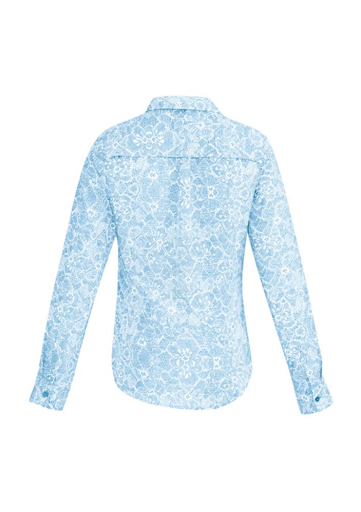 Solanda Ladies Print Long Sleeve Shirt in Alaskan Blue featuring a chic open neck design and comfortable pleats for a flattering fit.