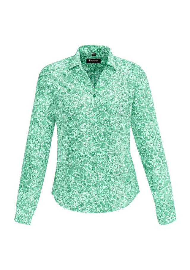 Solanda Ladies Print Long Sleeve Shirt in Dynasty Green, featuring a semi-fitted design and breathable pleat details for comfort.