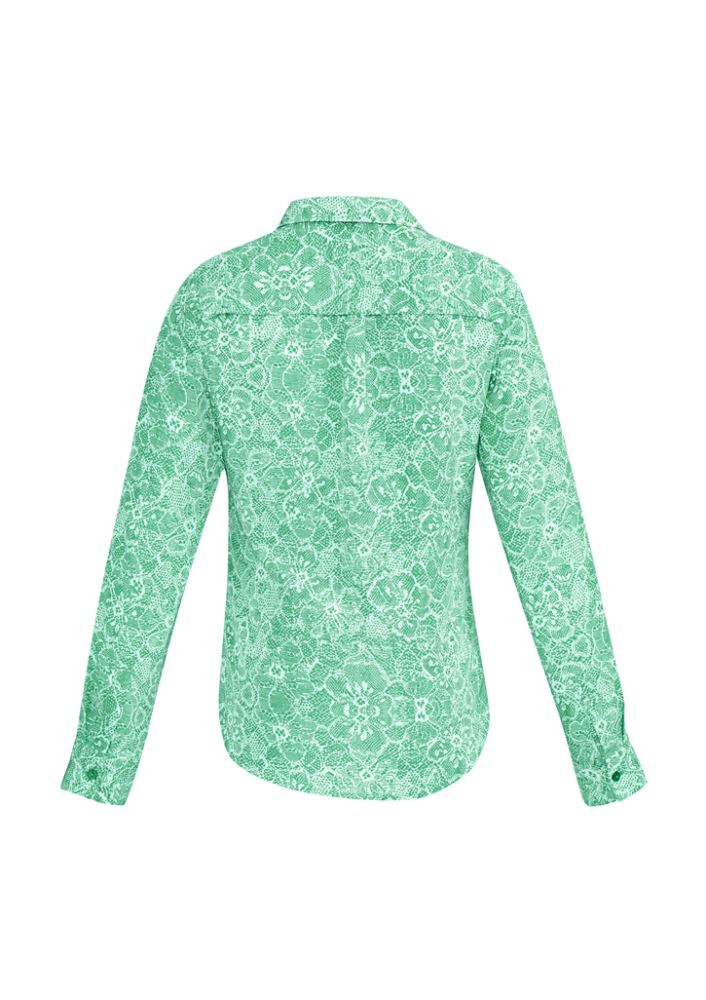 Ladies' long sleeve shirt in Dynasty Green, featuring soft touch polyester, semi-fitted design, and pleat details for comfort.