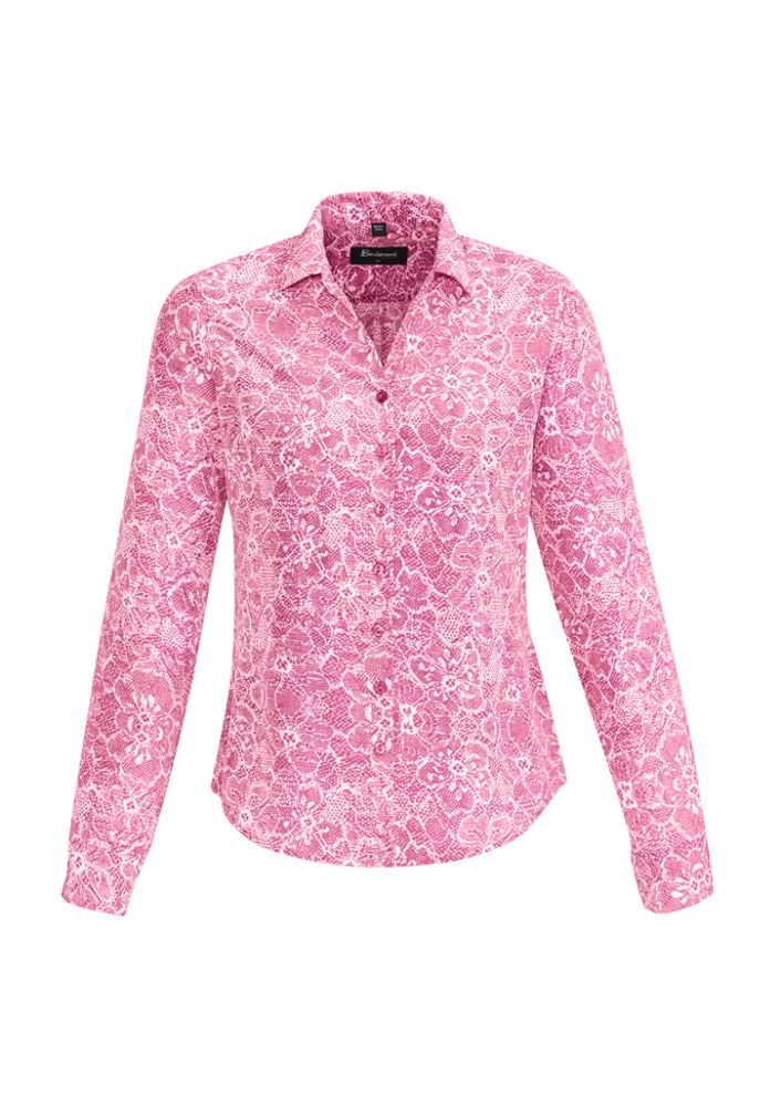 Solanda Ladies Long Sleeve Shirt in Melon, featuring soft polyester, a chic print, and comfortable pleat design for versatile wear.