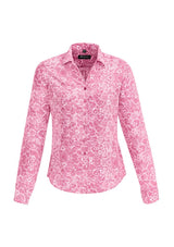Solanda Ladies Long Sleeve Shirt in Melon, featuring soft polyester, a chic print, and comfortable pleat design for versatile wear.