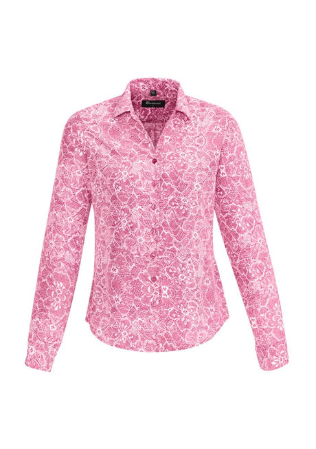 Solanda Ladies Long Sleeve Shirt in Melon, featuring soft polyester, a chic print, and comfortable pleat design for versatile wear.