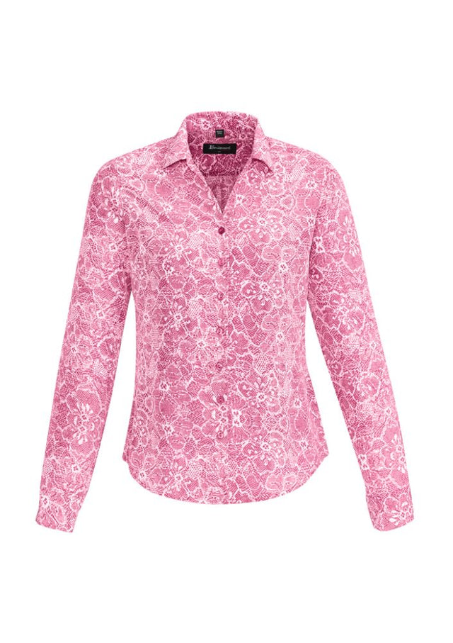 Solanda Ladies Long Sleeve Shirt in Melon, featuring soft polyester, a chic print, and comfortable pleat design for versatile wear.