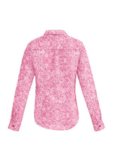 Solanda Ladies Print Long Sleeve Shirt in Melon, featuring soft polyester fabric and a stylish semi-fitted design for comfort.