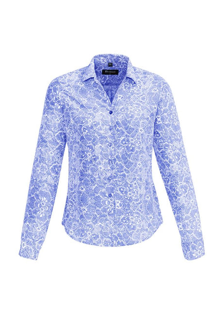 Solanda Ladies Print Long Sleeve Shirt in Patriot Blue, featuring a soft touch, pleated design, and semi-fitted silhouette for comfort.