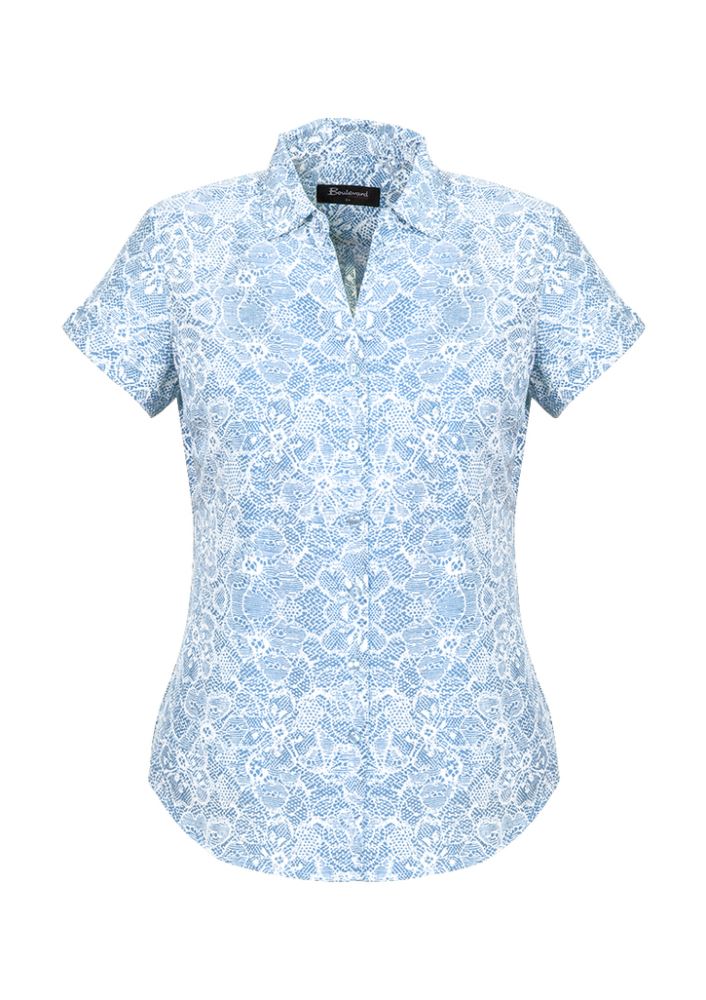 Solanda Ladies Short Sleeve Shirt in Alaskan Blue, featuring soft polyester, elegant pleats, and a semi-fitted design for comfort.