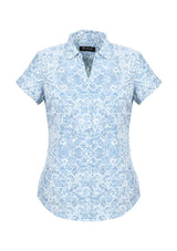 Solanda Ladies Short Sleeve Shirt in Alaskan Blue, featuring soft polyester, elegant pleats, and a semi-fitted design for comfort.