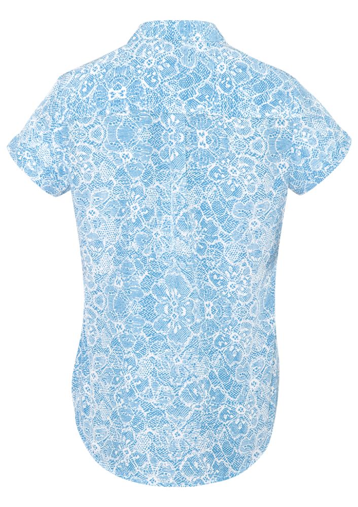 Alaskan Blue short sleeve shirt for women, crafted from soft polyester with stylish pleats for comfort and versatility.