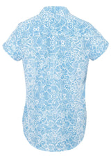Alaskan Blue short sleeve shirt for women, featuring a semi-fitted design and pleat details for comfort and style.