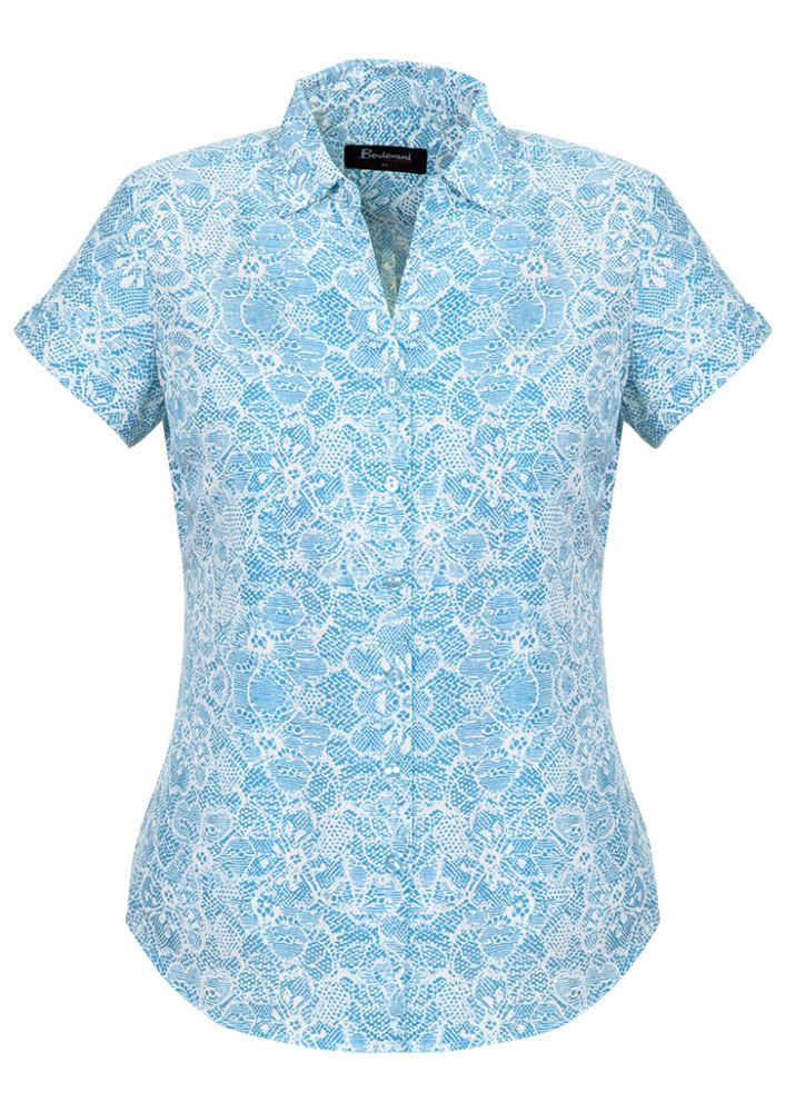 Alaskan Blue print short sleeve shirt for women, featuring a semi-fitted design and pleated back for comfort and style.