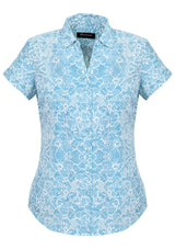 Alaskan Blue print short sleeve shirt for women, featuring a semi-fitted design and pleated back for comfort and style.