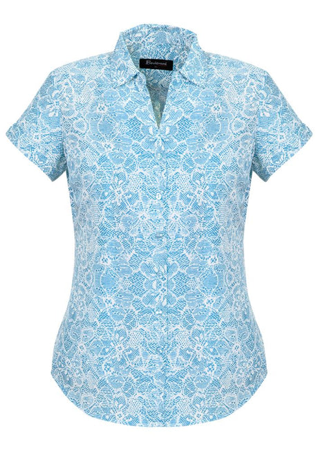 Alaskan Blue print short sleeve shirt for women, featuring a semi-fitted design and pleated back for comfort and style.