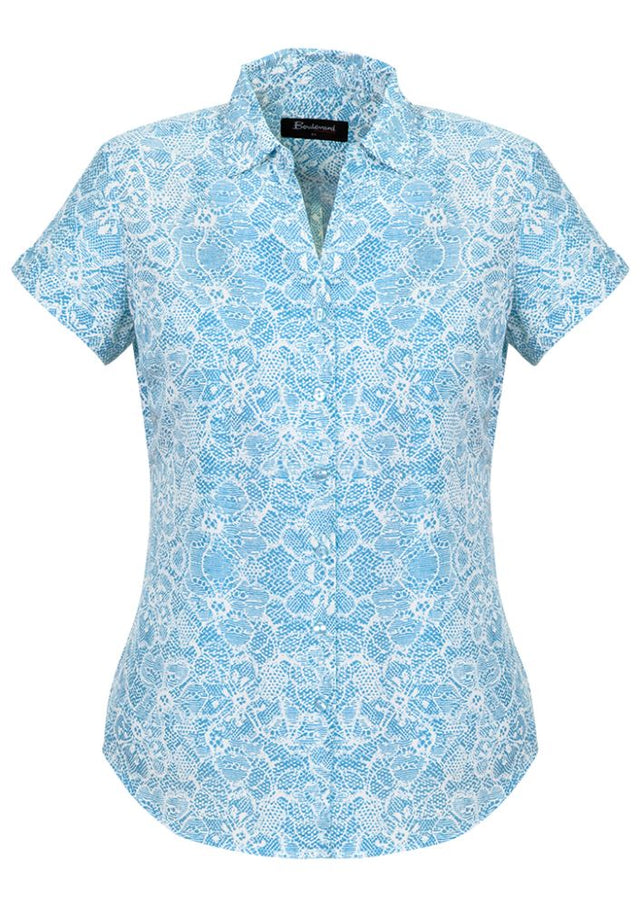 Alaskan Blue print short sleeve shirt for women, featuring a semi-fitted design and pleated back for comfort and style.