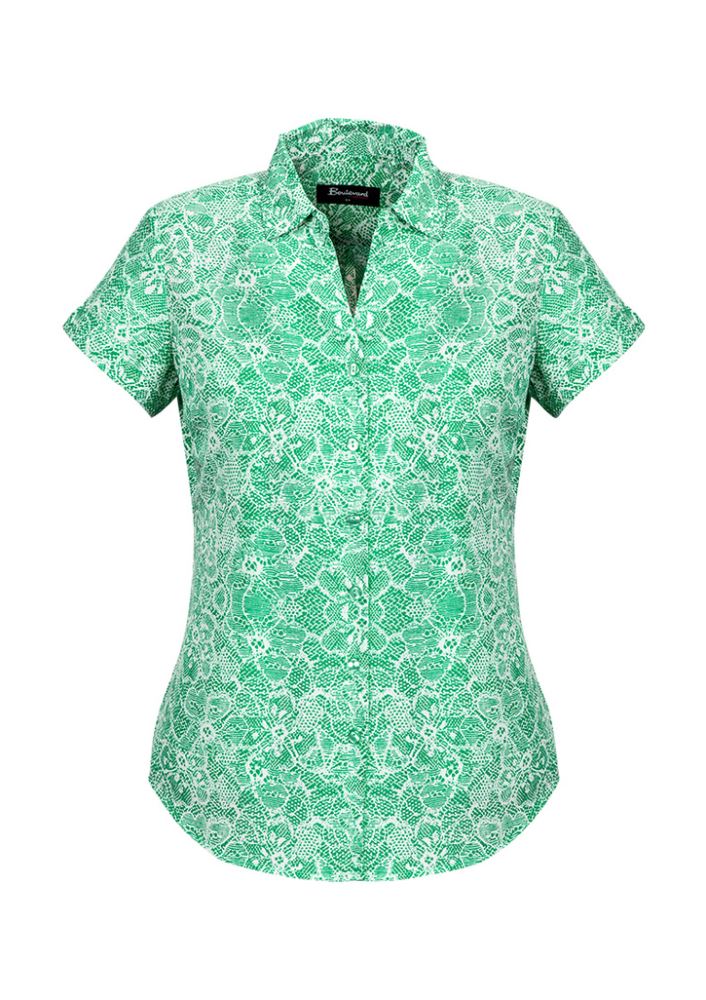 Solanda Ladies Print Short Sleeve Shirt in Dynasty Green, featuring soft polyester, semi-fitted style, and unique pleat design.
