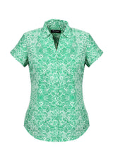 Solanda Ladies Print Short Sleeve Shirt in Dynasty Green, featuring soft polyester, semi-fitted style, and unique pleat design.