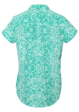 Solanda Ladies Print Short Sleeve Shirt in Dynasty Green, featuring soft polyester fabric and stylish pleats for comfort and elegance.