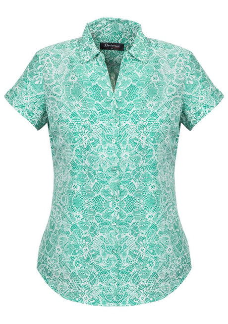 "Solanda Ladies Print Short Sleeve Shirt in vibrant Dynasty Green, showcasing a semi-fitted design and soft-touch polyester."