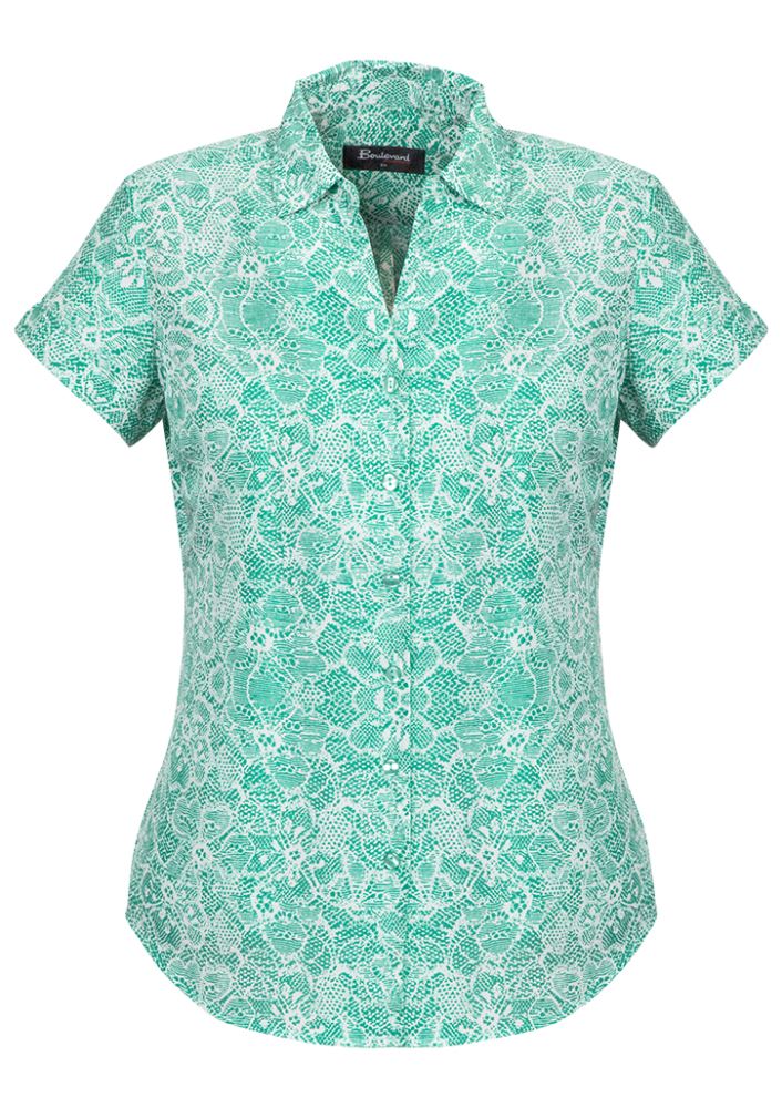 Solanda Ladies Print Short Sleeve Shirt in Dynasty Green, featuring soft-touch fabric, semi-fitted silhouette, and stylish pleat details.