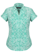 Solanda Ladies Print Short Sleeve Shirt in Dynasty Green, featuring soft-touch fabric, semi-fitted silhouette, and stylish pleat details.