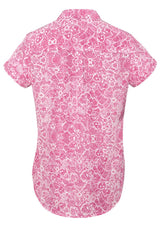 Alt text: "Solanda Ladies Print Short Sleeve Shirt in vibrant melon, featuring a semi-fitted design and soft touch polyester fabric."
