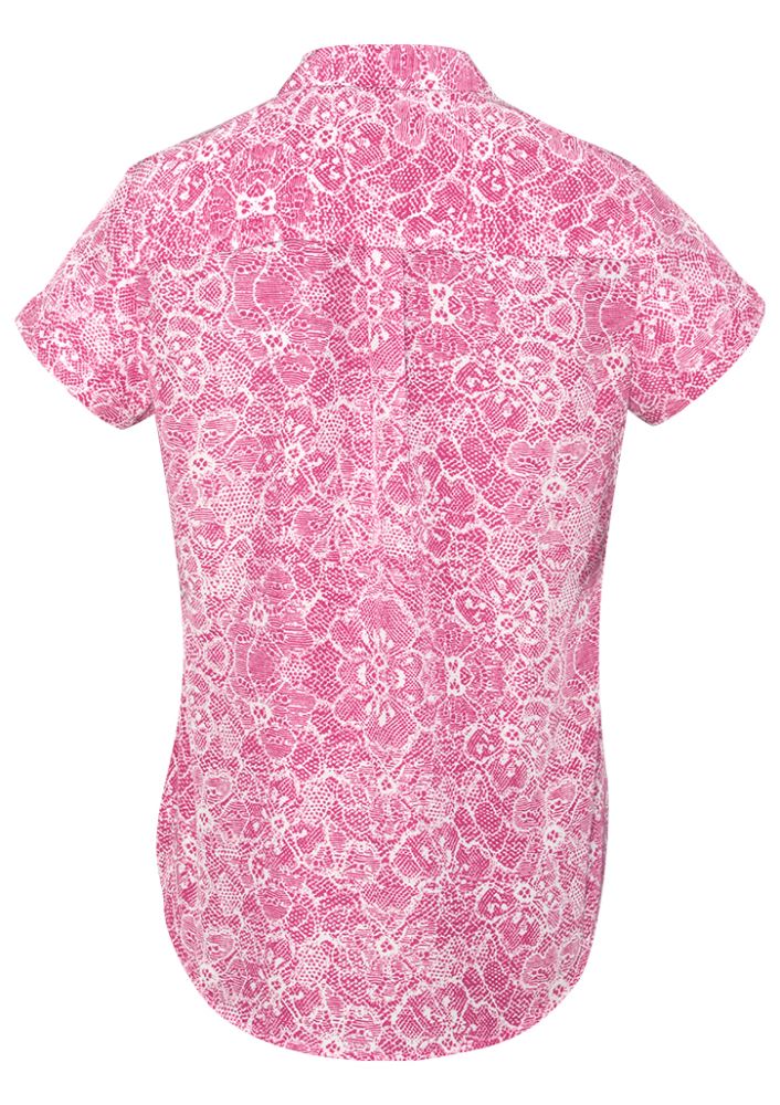 Vibrant Melon Solanda ladies' print short sleeve shirt, semi-fitted with stylish pleats and 100% soft touch polyester.