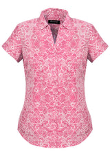 Vibrant Melon short sleeve shirt for ladies, semi-fitted with stylish pleats, perfect for casual or professional wear.