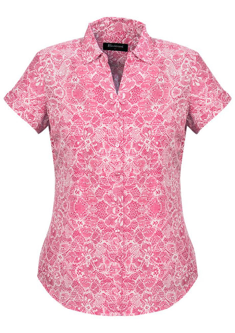 Vibrant Melon short sleeve shirt for ladies, semi-fitted with stylish pleats, perfect for casual or professional wear.