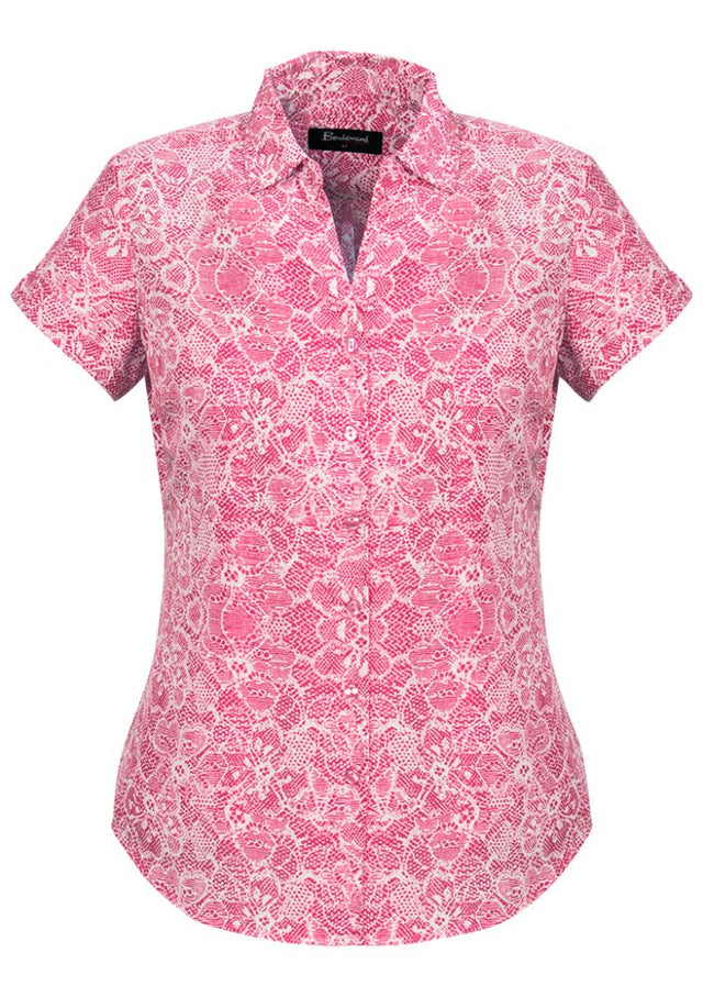 Vibrant Melon short sleeve shirt for ladies, semi-fitted with stylish pleats, perfect for casual or professional wear.