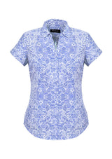 Stylish Solanda Ladies Print Short Sleeve Shirt in Patriot Blue, featuring soft-touch polyester and a chic semi-fitted design.